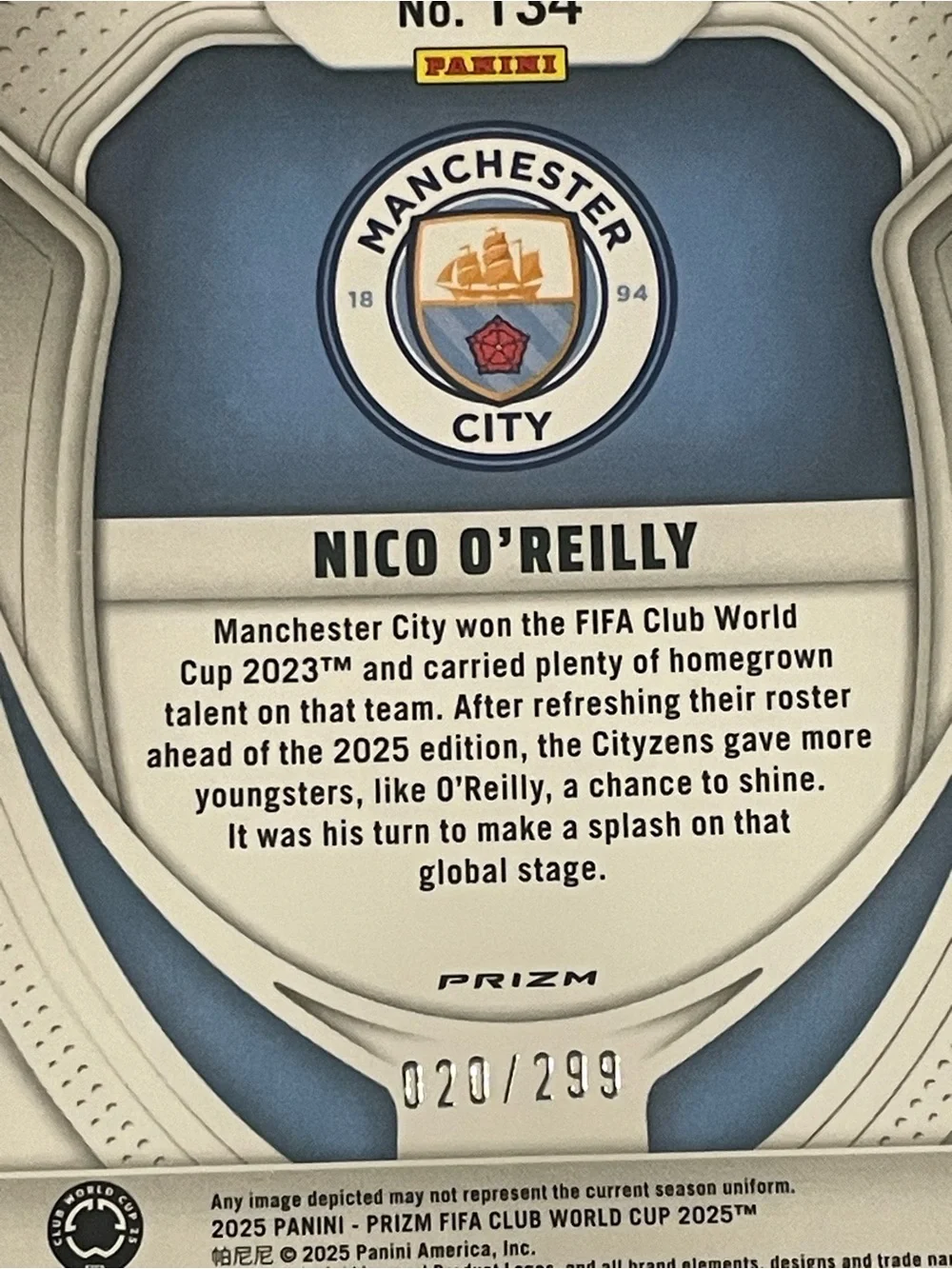 Pink Raywave 2025 Club World Cup Nico O'Reilly Man City Rookie Card 020/299